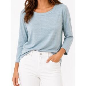 CHICO’S Blue Gray Metallic Stripe Knit Top Boat Neck Shimmer | Size 2 Large